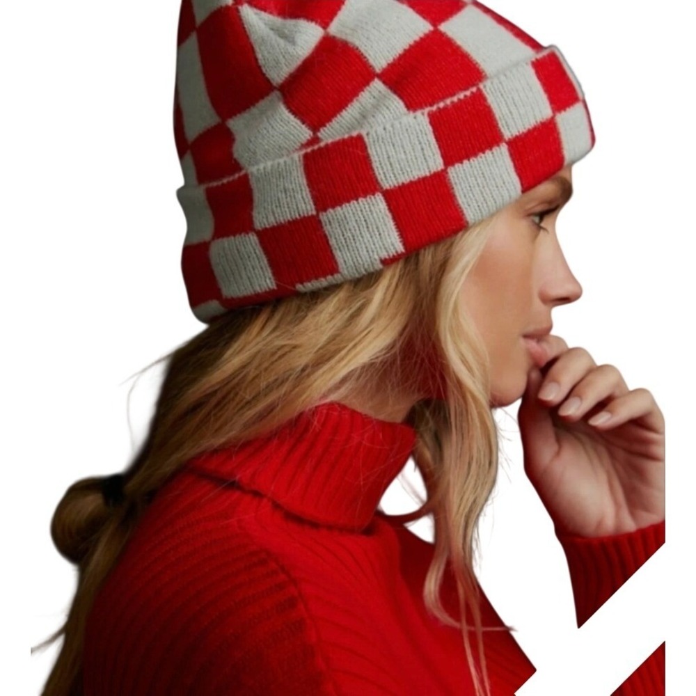 Anthropologie Maeve Red & Gray Checkerboard Checkered Knit Cap Beanie Hat Toque